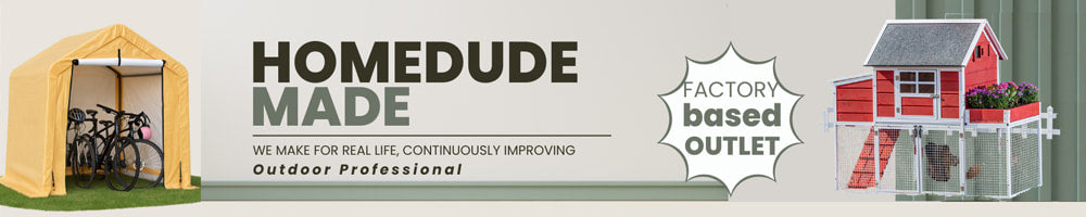 HomeDude manufacture outdoor shelters, chicken coop, Horse saddle racks and pet barriers.