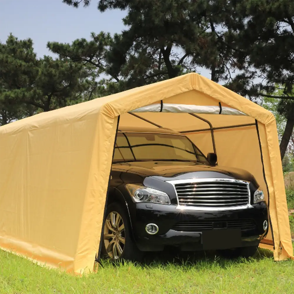 Black car parked under a yellow carport with trees in the background