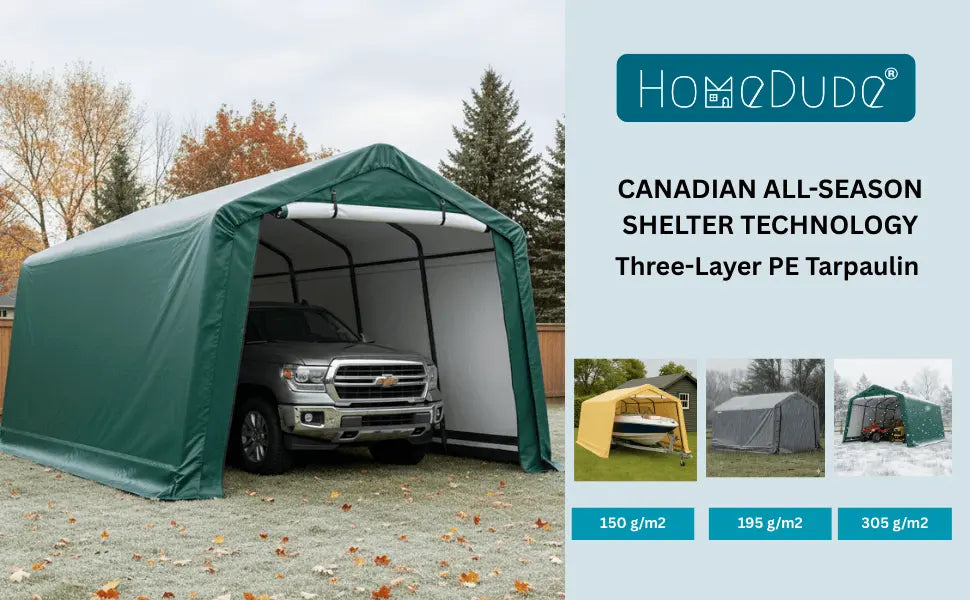 HomeDude 10x20 ft Heavy-Duty Winter Car Shelter – 305g Ripstop Tarp – Reinforced Rust-Proof Metal Structure with Long-Term Coverage Guarantee