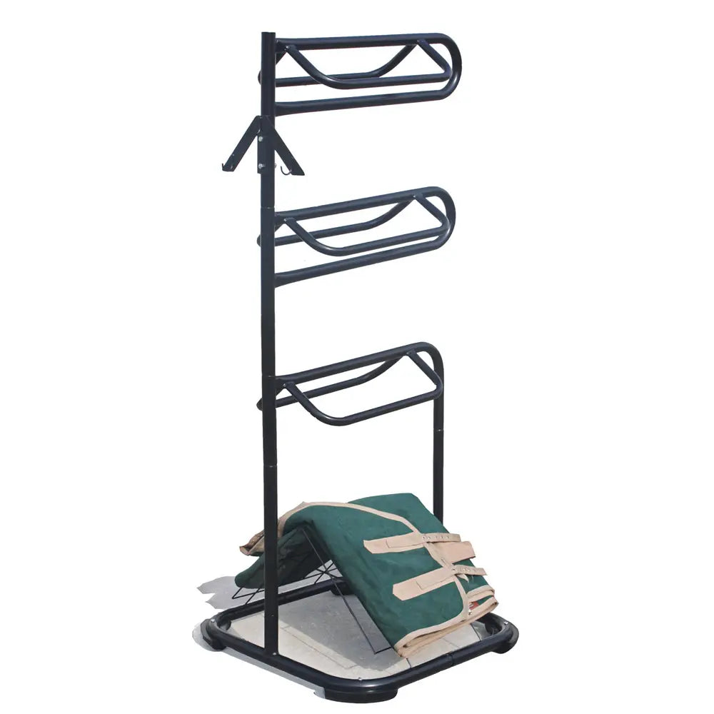 HomeDude 3-tier freestanding horse saddle rack with rotating tiers and blanket shelf - heavy duty steel construction