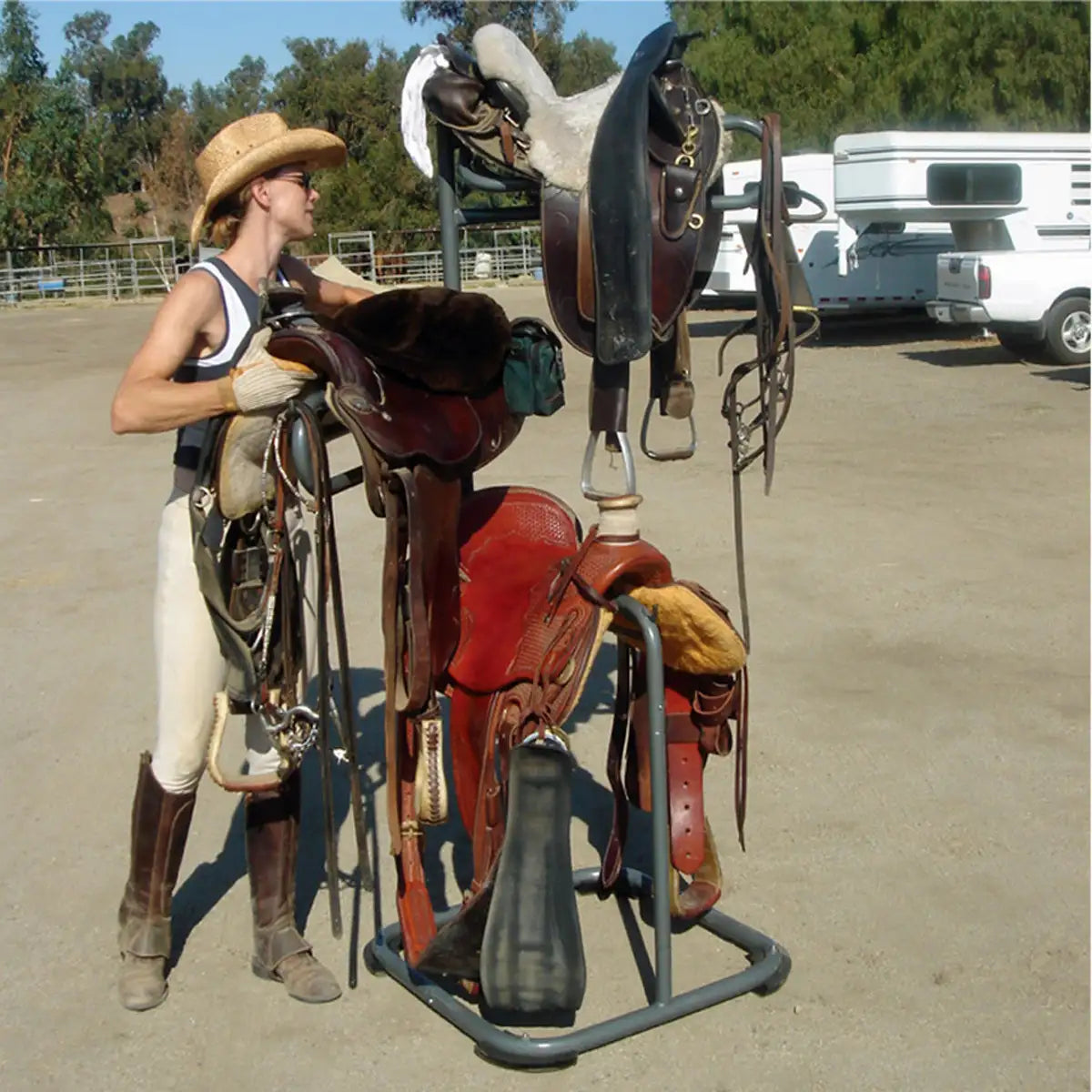 Heavy duty 3-tier saddle rack in use - multi-purpose freestanding storage standsetting.