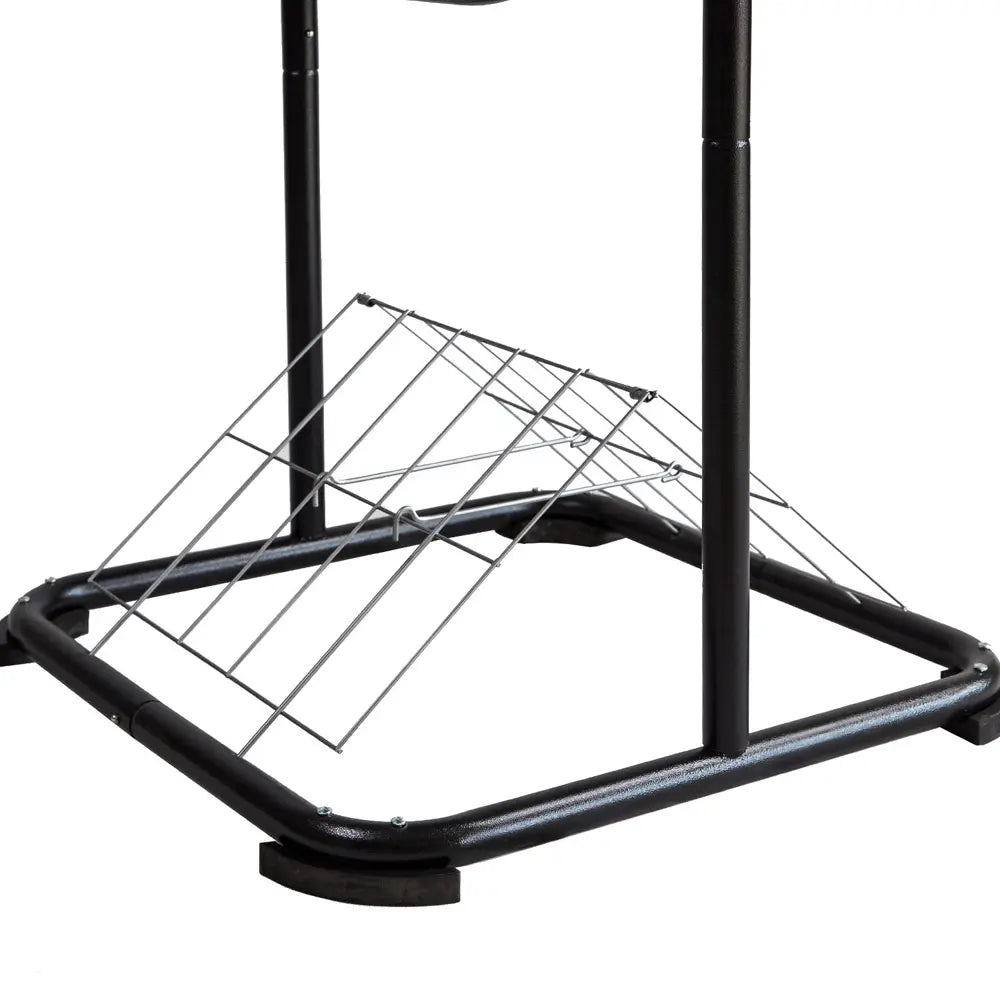 Close-up of vented mesh blanket shelf on 3-tier horse saddle rack - breathable storage for horse blankets and saddle pads