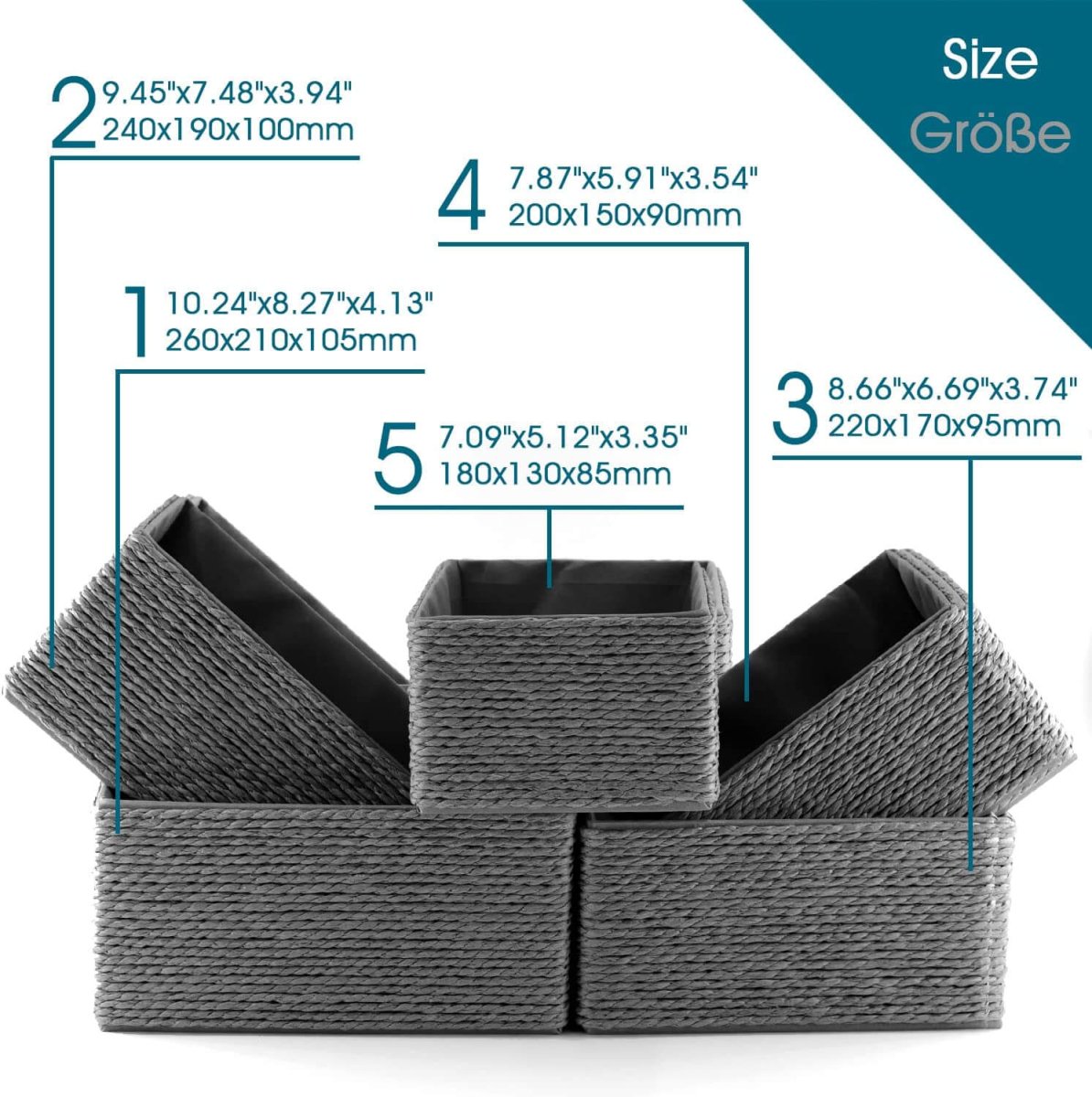 5 - Pack Woven Storage Baskets Multi - Size Grey - Decorative Home Organization - HomeDude5 - Pack Woven Storage Baskets Multi - Size Grey - Decorative Home OrganizationPaper Rope BasketHomeDude