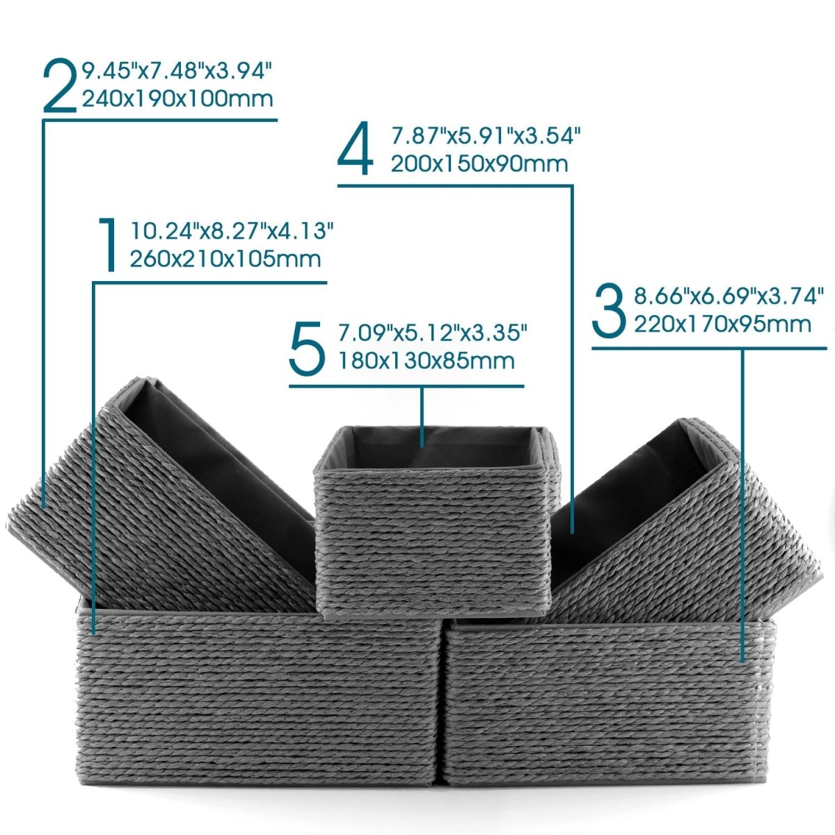 5 - Pack Woven Storage Baskets – Multi - Size - Grey - HomeDude Oak5 - Pack Woven Storage Baskets – Multi - Size - GreyPaper Rope BasketHomeDude Oak