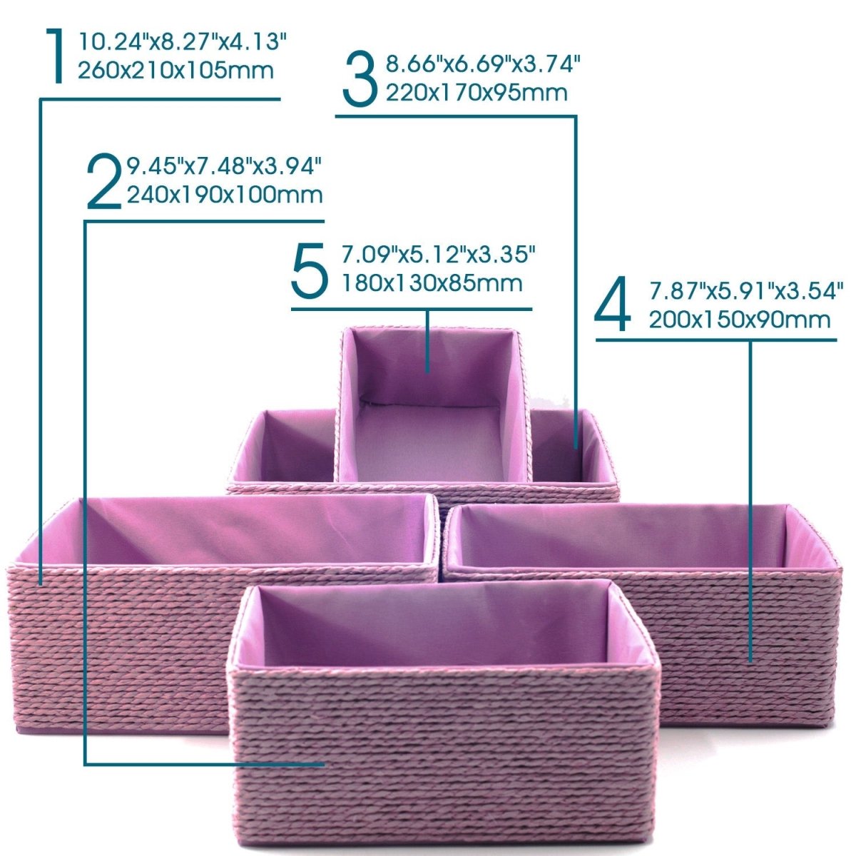 5 - Pack Woven Storage Baskets – Multi - Size - Lilac - HomeDude Oak5 - Pack Woven Storage Baskets – Multi - Size - LilacPaper Rope BasketHomeDude Oak