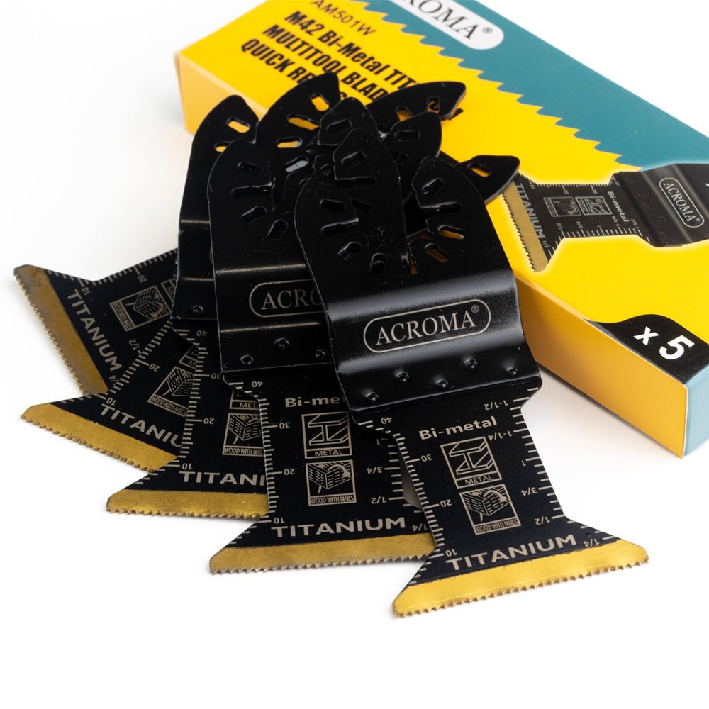 5 - Piece M42 Bi - Metal Oscillating Blades – Titanium - Coated, Universal Fit, for Wood & Metal - HomeDude Oak5 - Piece M42 Bi - Metal Oscillating Blades – Titanium - Coated, Universal Fit, for Wood & MetalOscillating Saw BladesHomeDude Oak