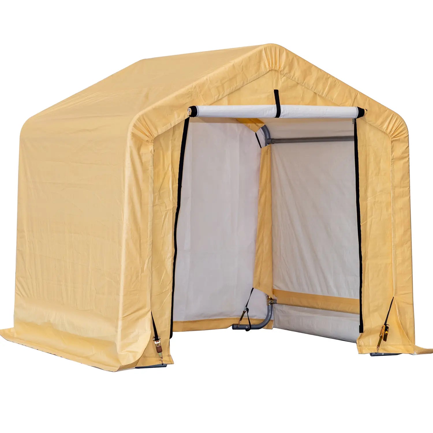 HomeDude 6x6 ft beige outdoor storage shed with roll-up zippered door – compact and weather-resistant design.