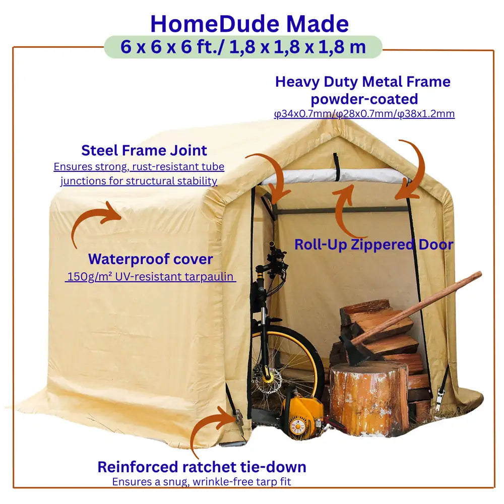 Beige storage tent with features highlighted on a white background