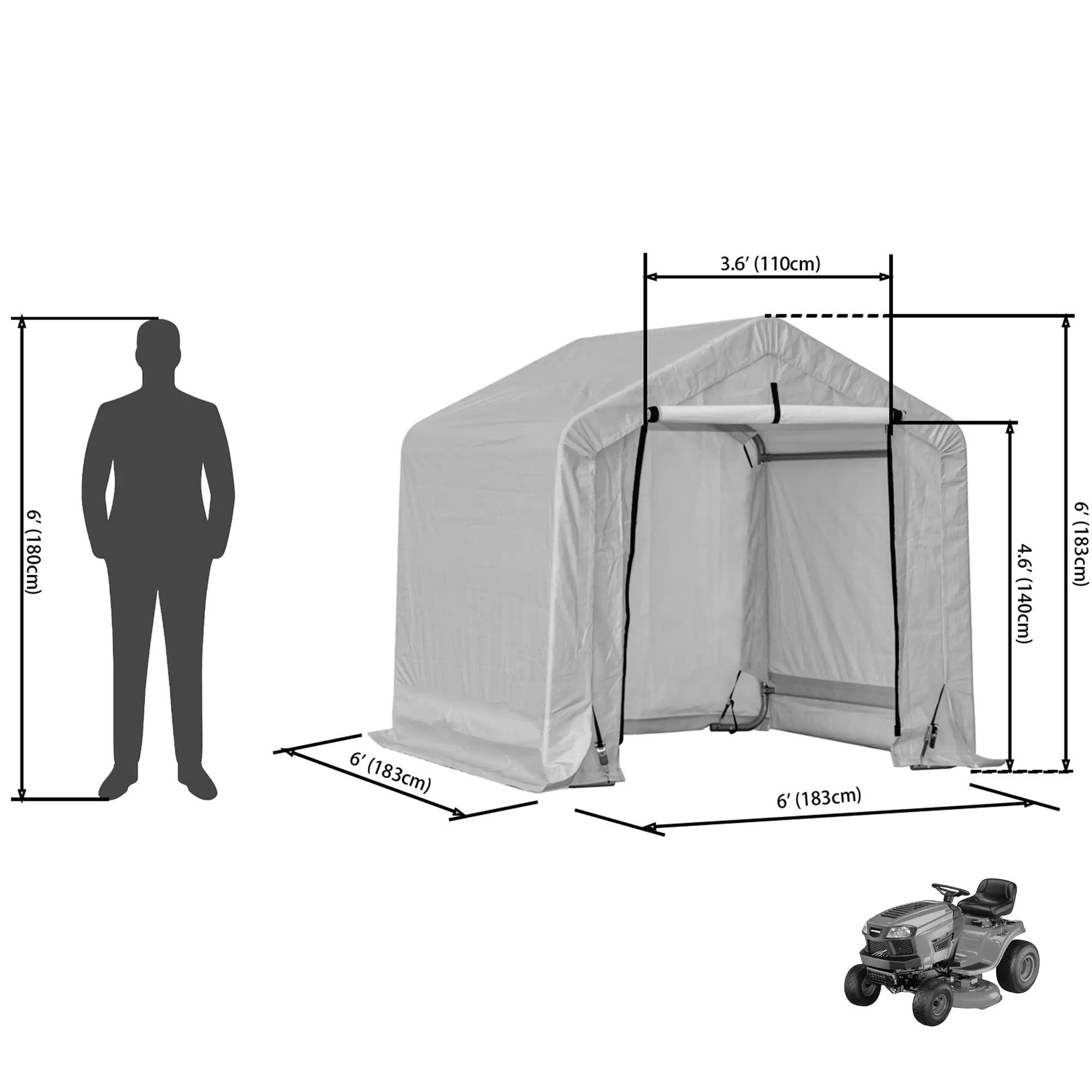 Measurement chart of a portable garage with dimensions and a silhouette of a person for scale.