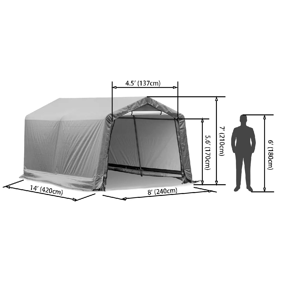 8x14-ft outdoor storage shelter with labeled dimensions showing 7 ft height, 14 ft length, and 8 ft width.