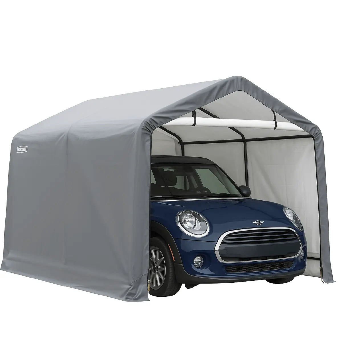 8x14-ft portable garage shelter storing a compact car, showcasing spacious interior.