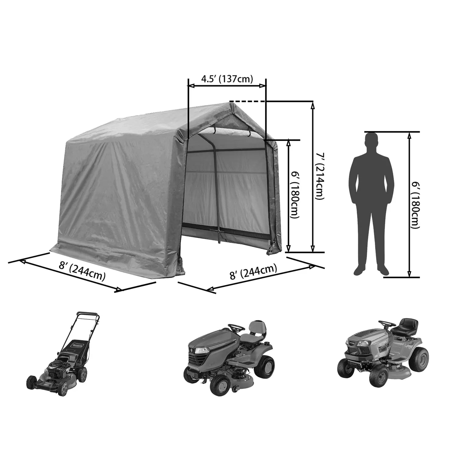 Measurement chart of a gray storage shed with dimensions and a person for scale, alongside lawn mowers.