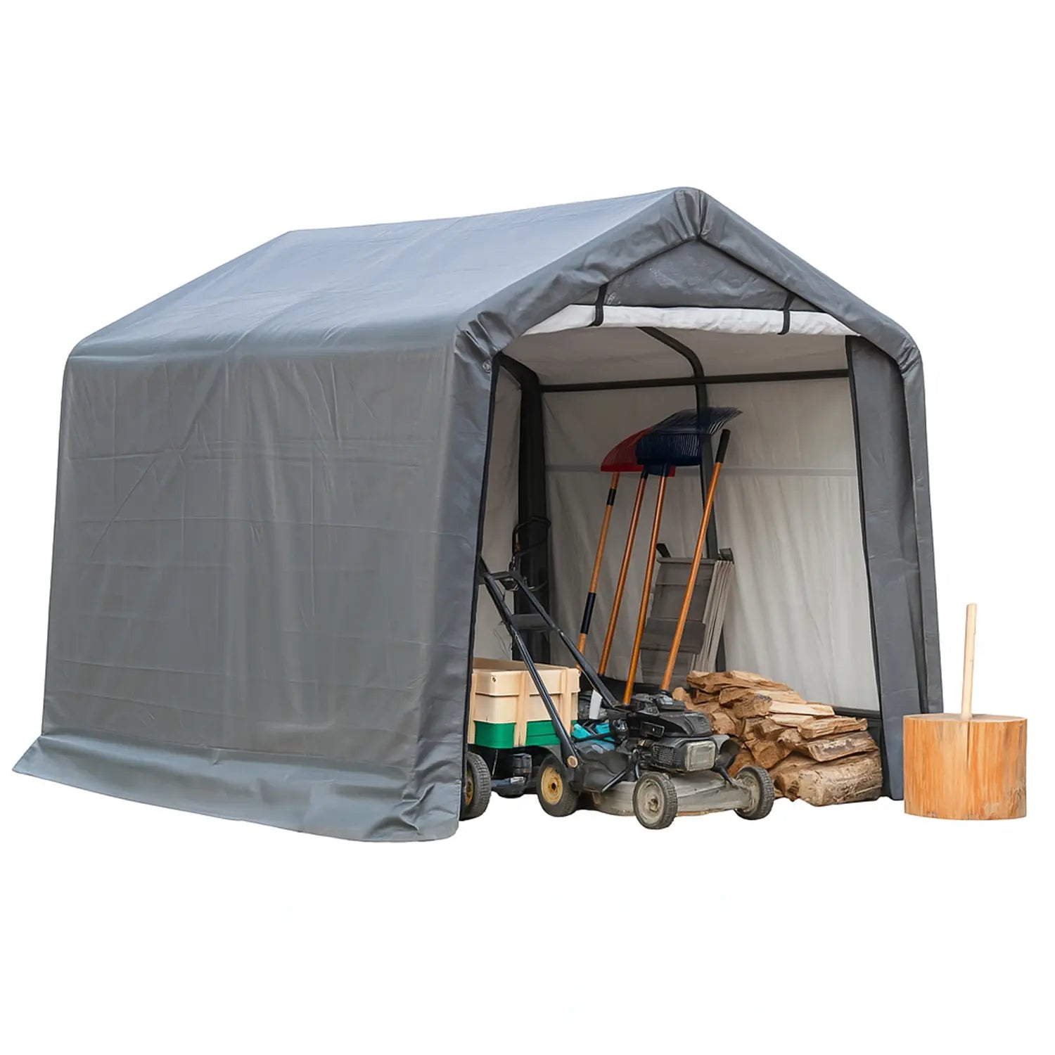 8x8ft-Storage-Shed-In Use-firewood, lawn mover and garden tools in storage