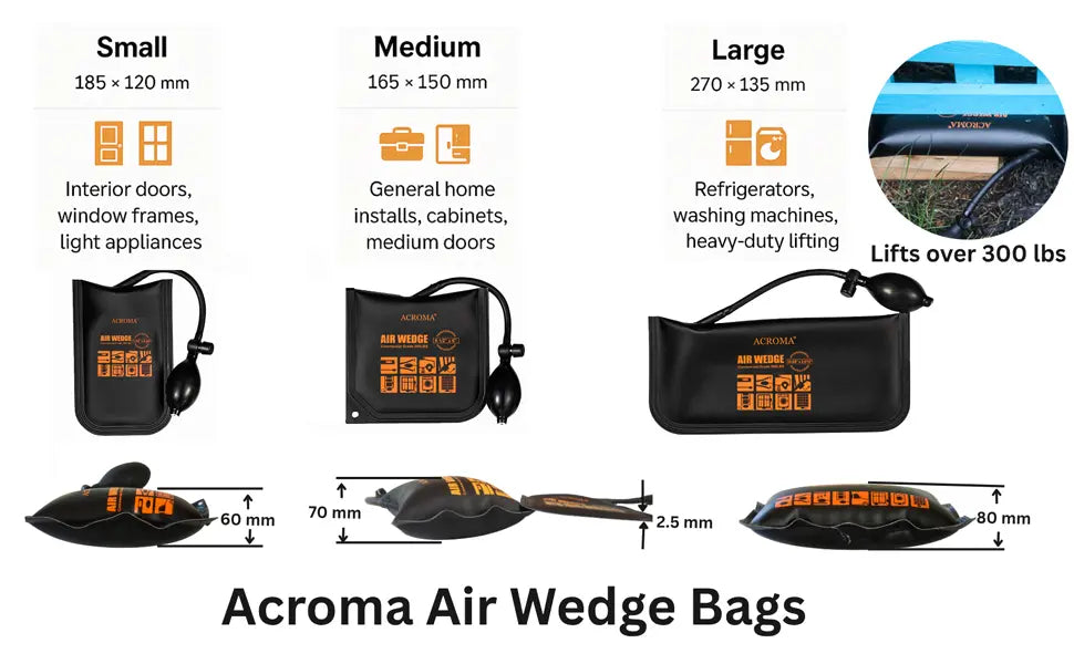 Acroma Air Wedge Bags with size chart and usage examples on a white background