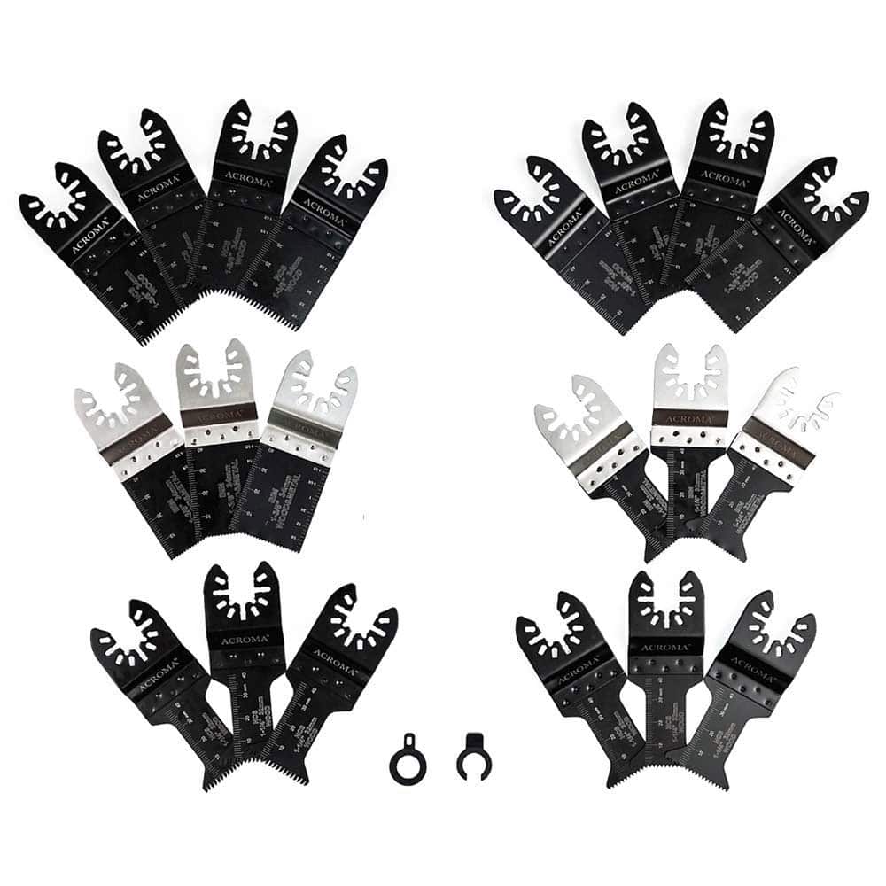 Set of oscillating tool blades with additional accessories on a white background