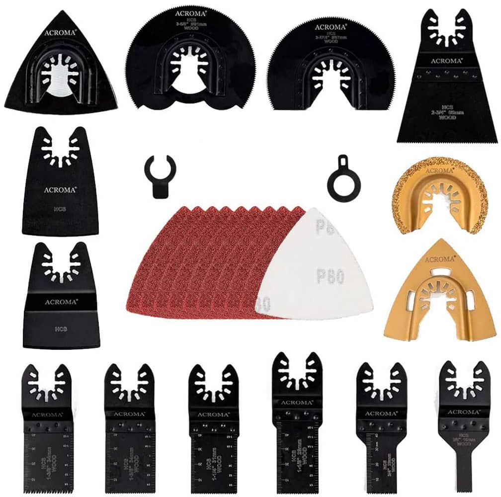 Collection of various oscillating tool blades and accessories on a white background