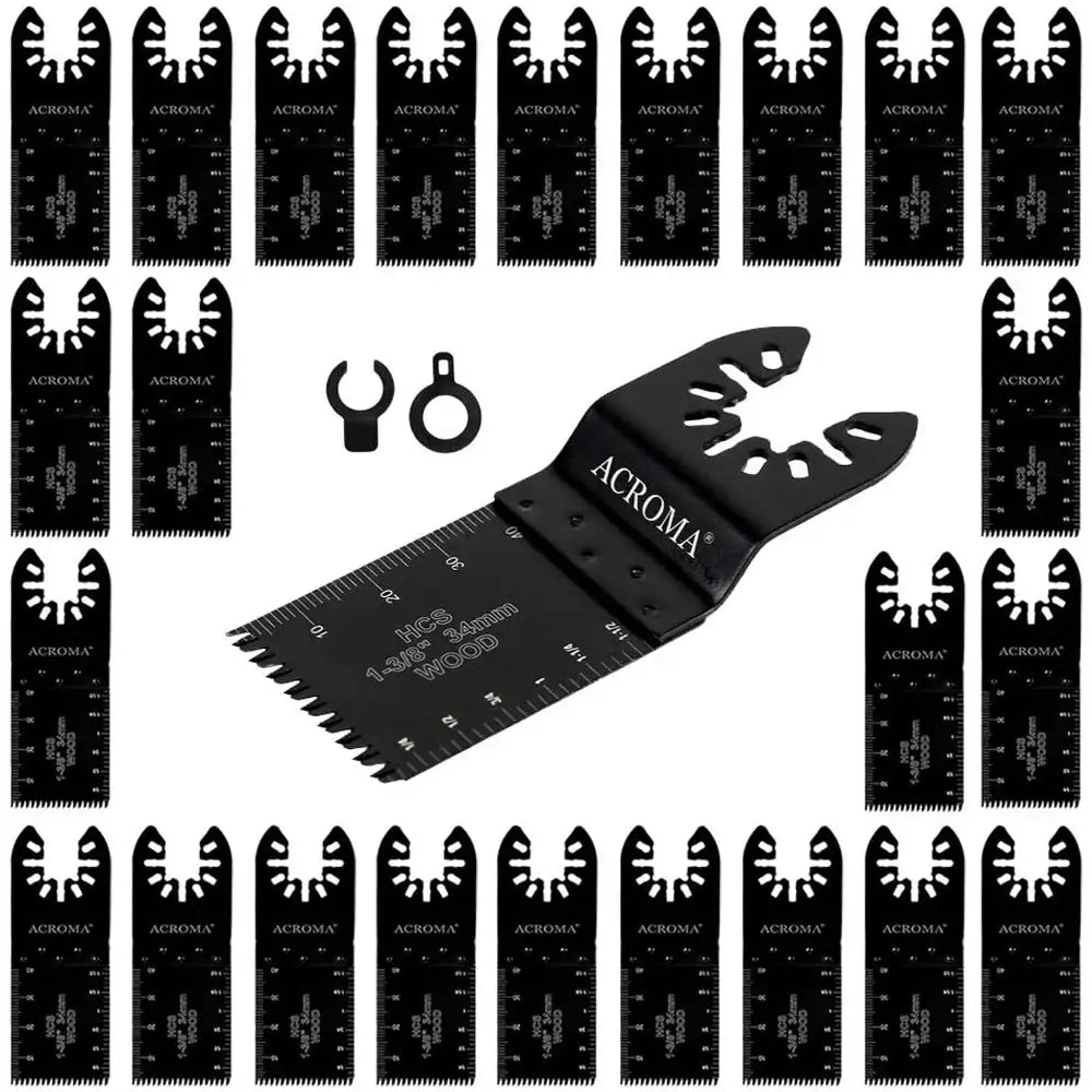 Set of ACROMA oscillating tool blades and accessories on a white background