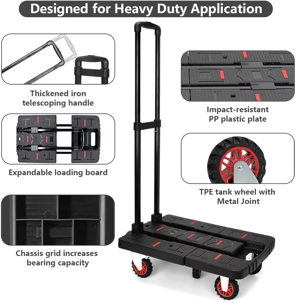 Folding Luggage Cart, 227 kgs Heavy-Duty, 5 Tank Wheels