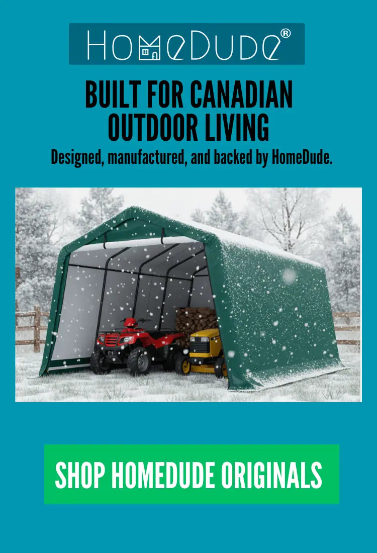 Advertisement for HomeDude outdoor shelter with snow on the roof, featuring two vehicles underneath.