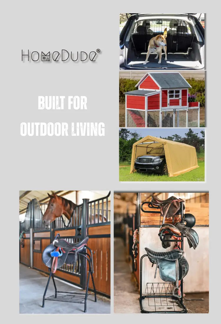 Collage of outdoor living products including dog SUV barrier,chicken coop, a shelter and horse equipment with 'HomoDude' branding.