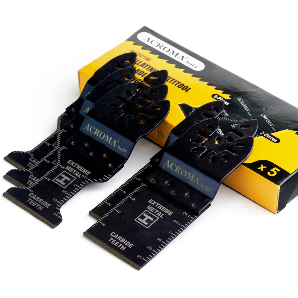 Achroma extreme metal oscillating tool blades with packaging on a white background