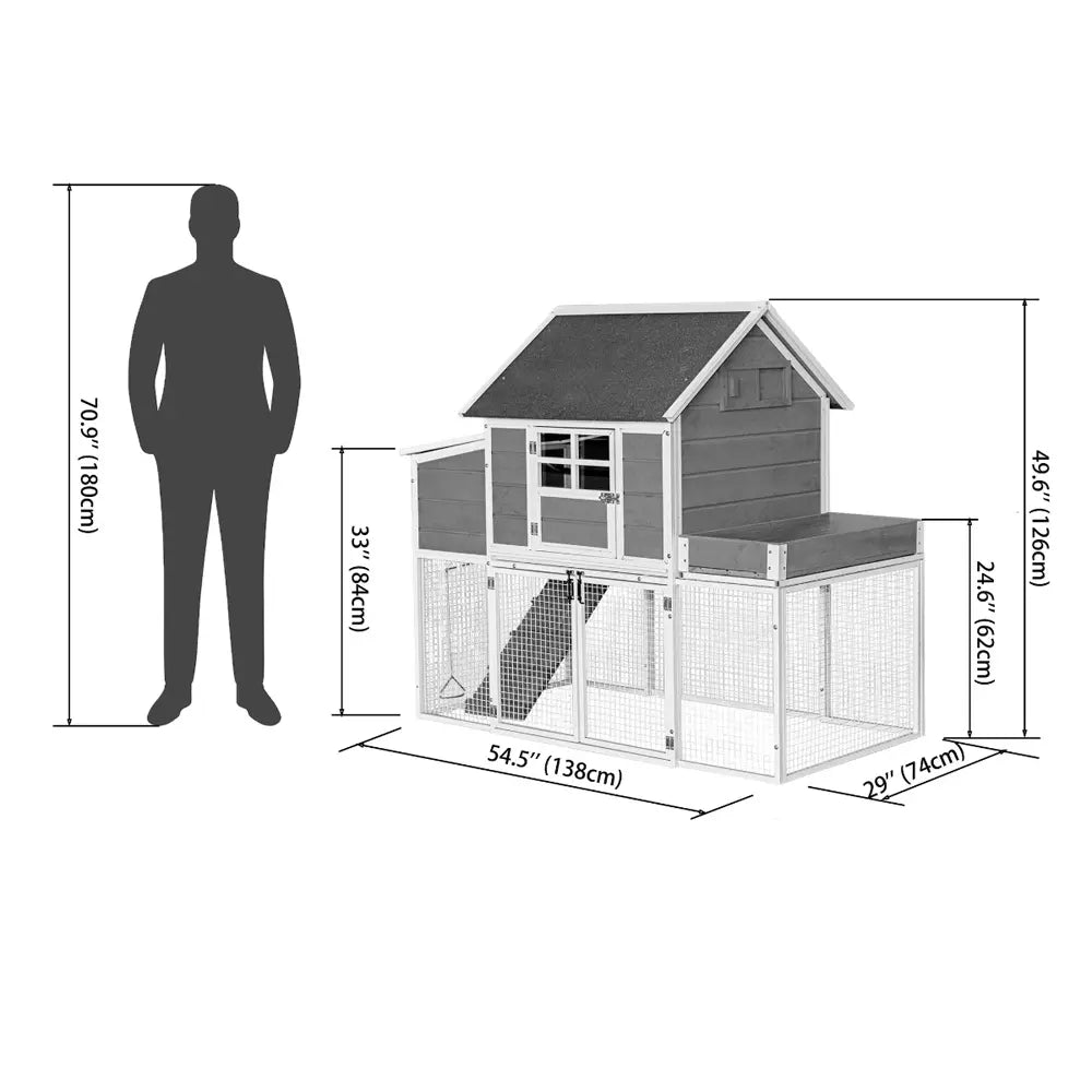 Chicken coop with dimensions shown relative to a human figure on a white background
