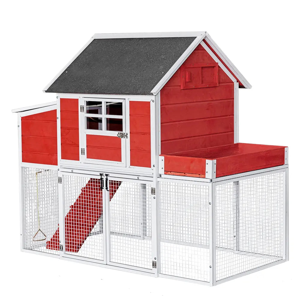 Red and gray chicken coop with a wire fence on a white background