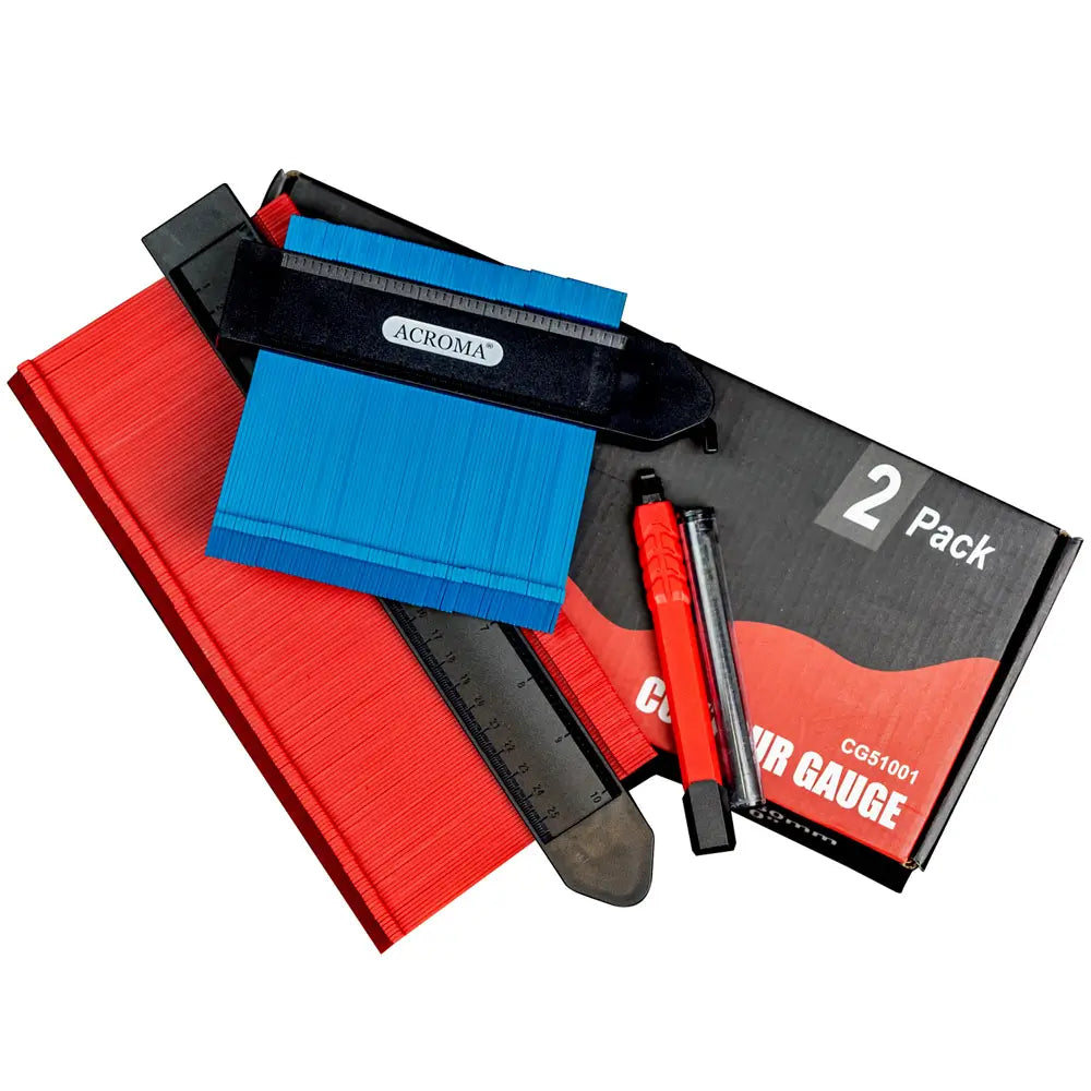 Color gauge set with red, blue, and black gauges on a white background