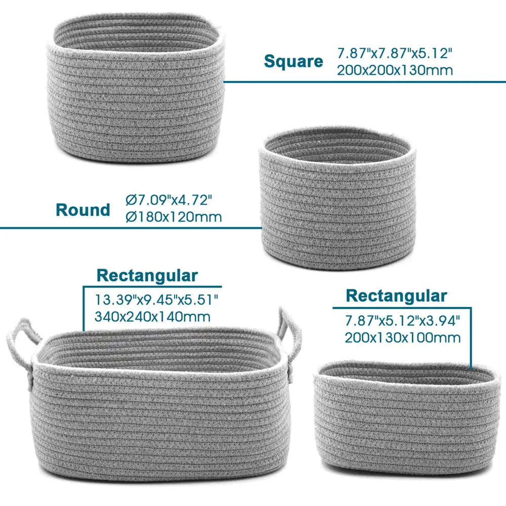Set of gray woven baskets with dimensions labeled