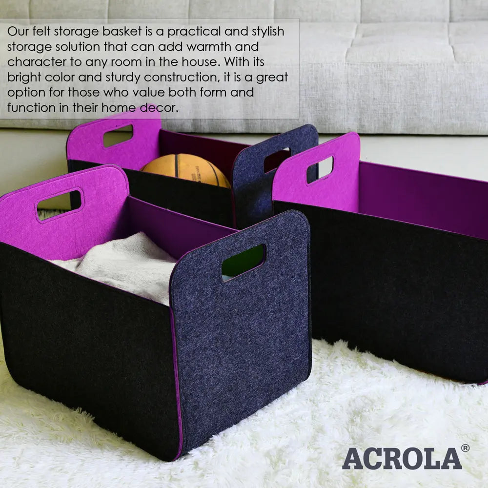 Black and purple storage baskets with text about their use and Acrola branding.