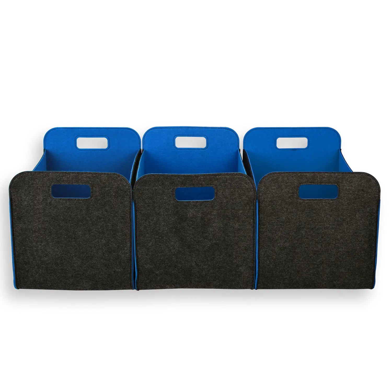 Car organizer with three compartments, two blue and one gray, on a white background.