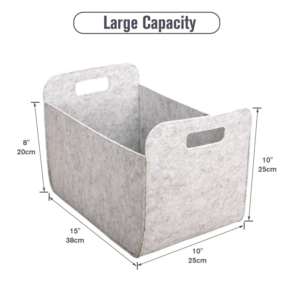 Gray storage bin with dimensions labeled on a white background