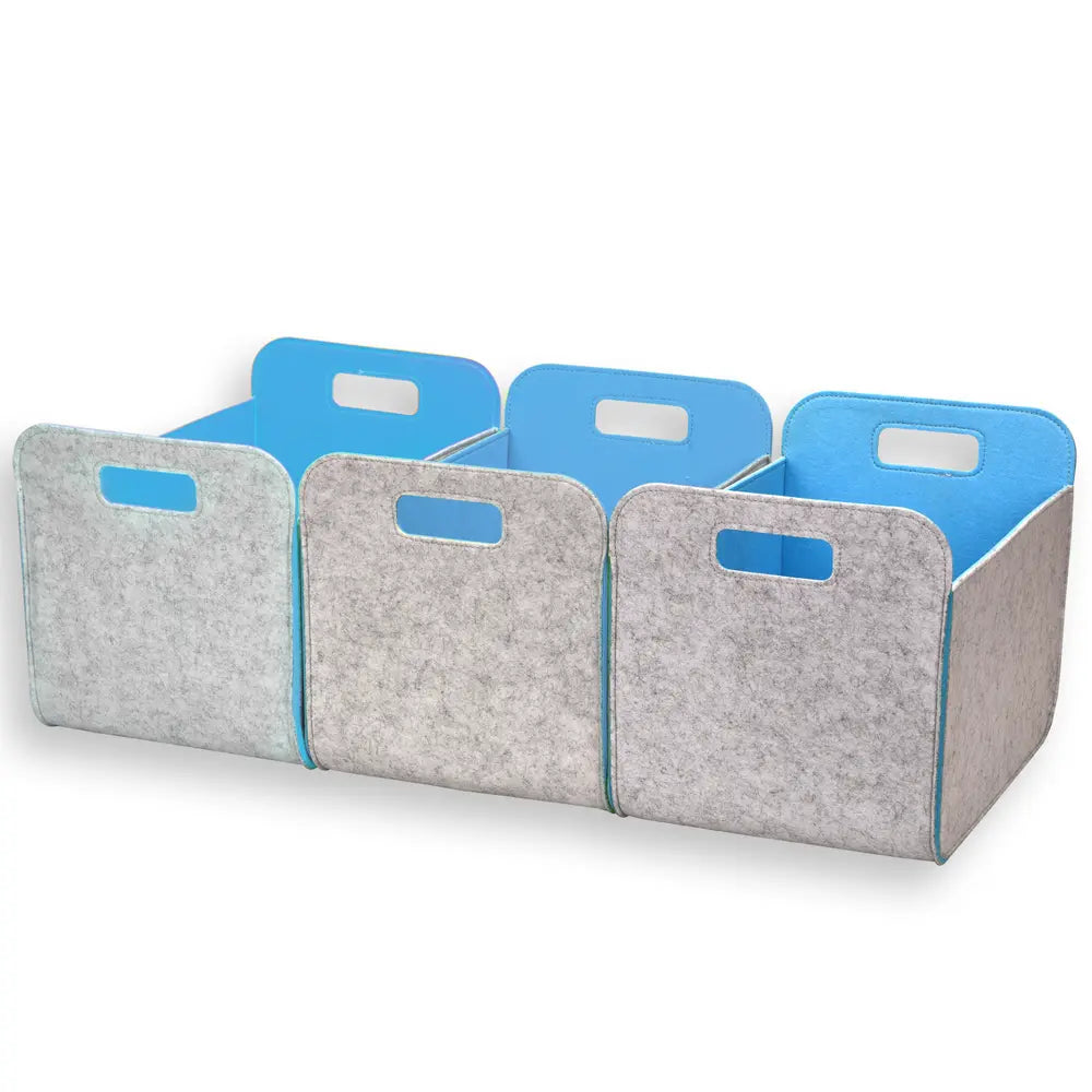 Three storage bins with gray felt sides and blue plastic top lids on a white background