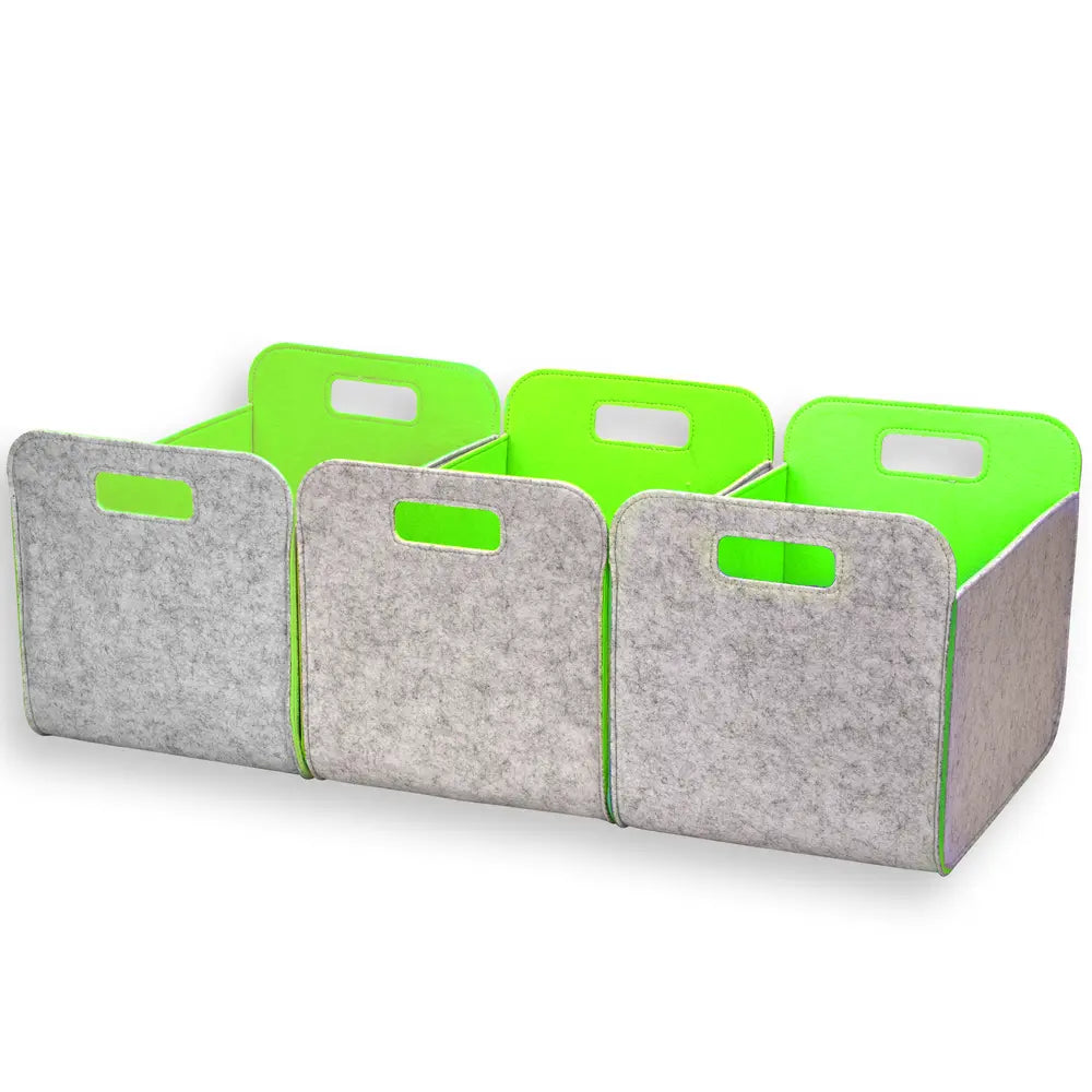 Gray and green storage bins on a white background