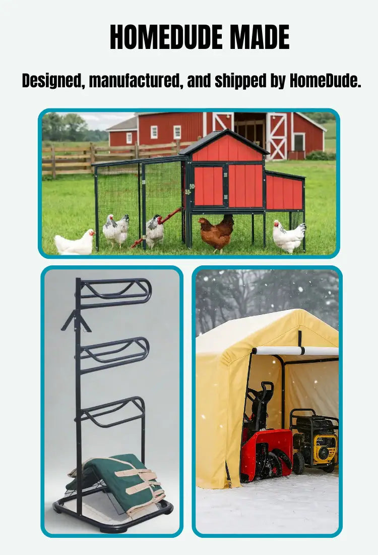 Promotional image of a chicken coop, horse saddle rack, and snow shelter with 'HomeDude' branding.