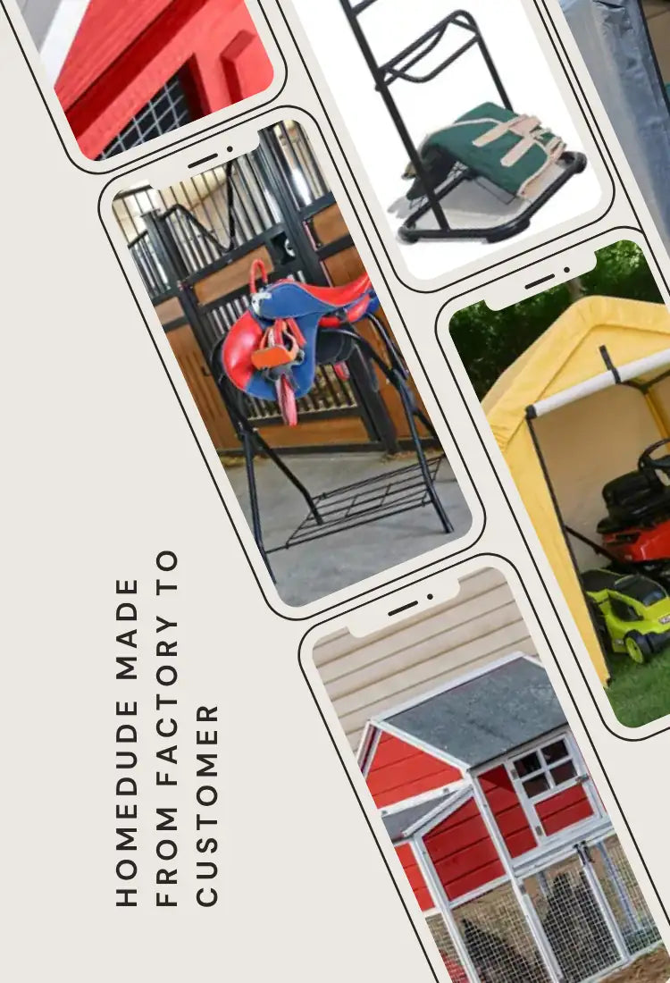Collage of various homedude made products with text 'Homemade Made from Factory to Customer' on a light gray background.
