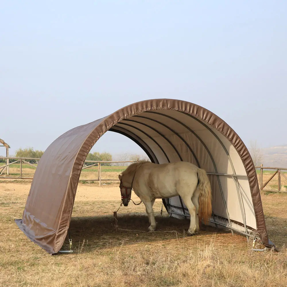 Horse standing under a portable shelter in an open field