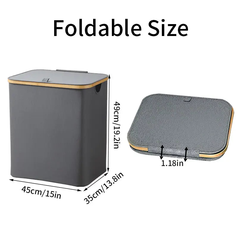 Foldable trash bin with dimensions on a white background