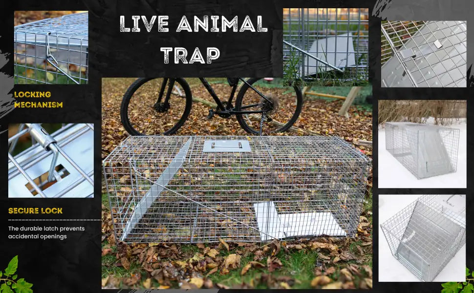 Live animal trap with various views and features highlighted on a black background.