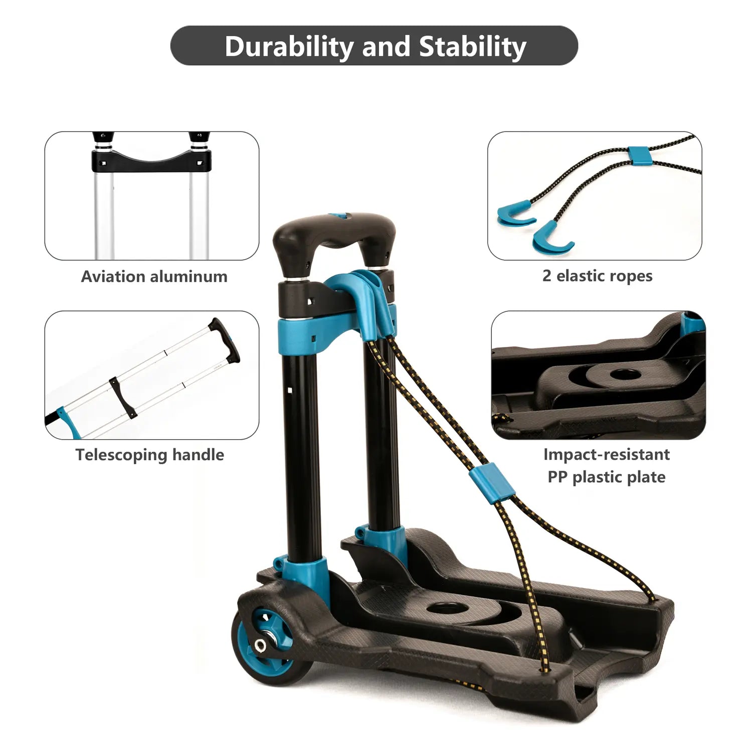Collapsible hand truck with durability features highlighted on a white background