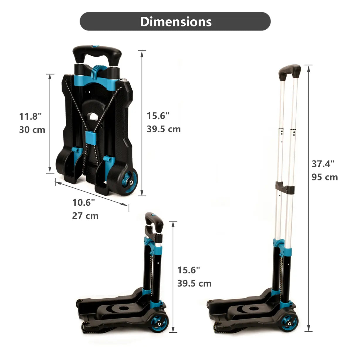 Dimensions of a folding trolley with measurements in inches and centimeters.