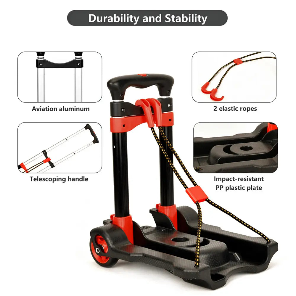 Black and red Luggage cart with durability features highlighted on a white background