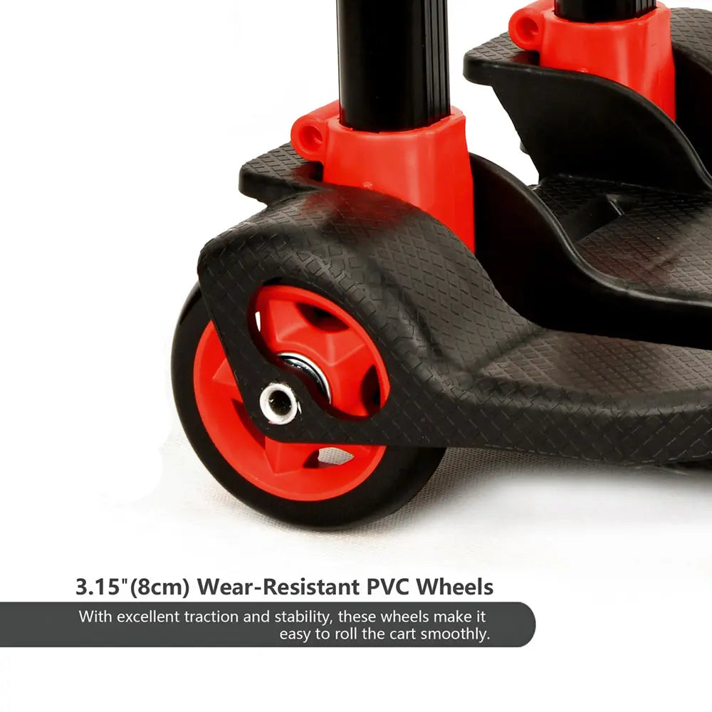 Close-up of Luggage Cart wheels with red and black design on a white background