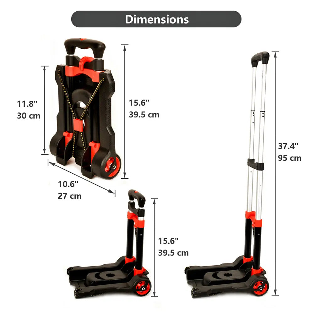 Dimensions of a folding luggage cart with measurements in inches and centimeters.