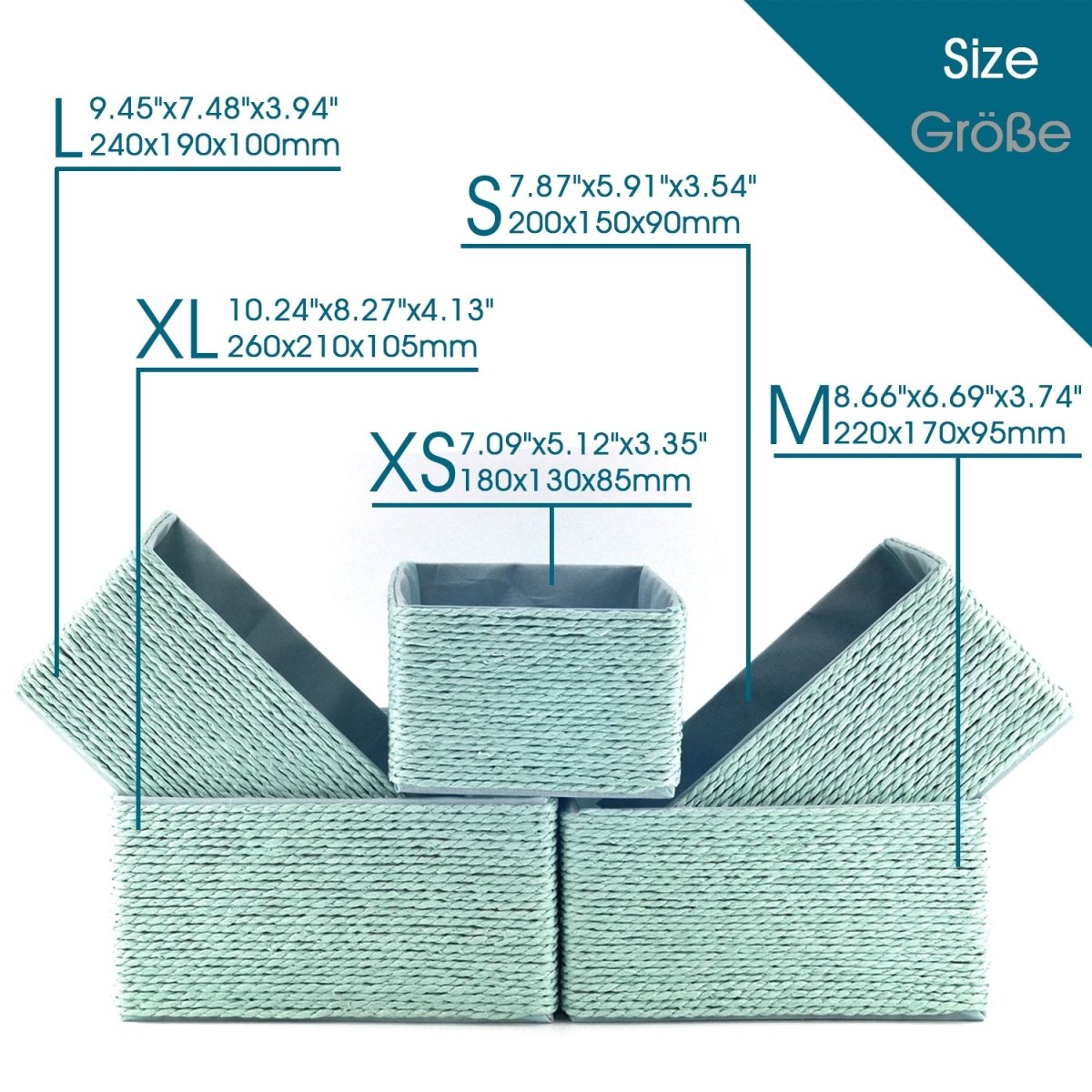 Size chart and practical uses for each basket in the mint green 5-piece woven set.