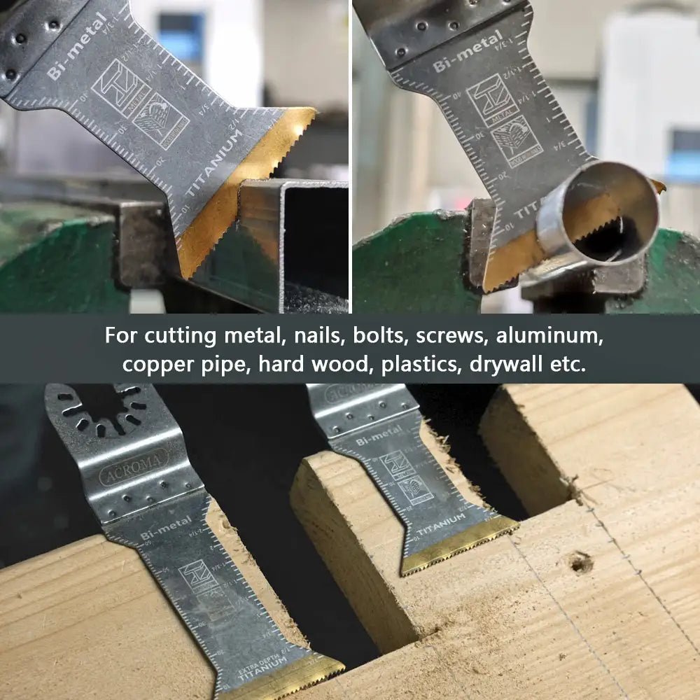 Bi-metal tool cutting through metal, wood, and plastic with text describing its uses.