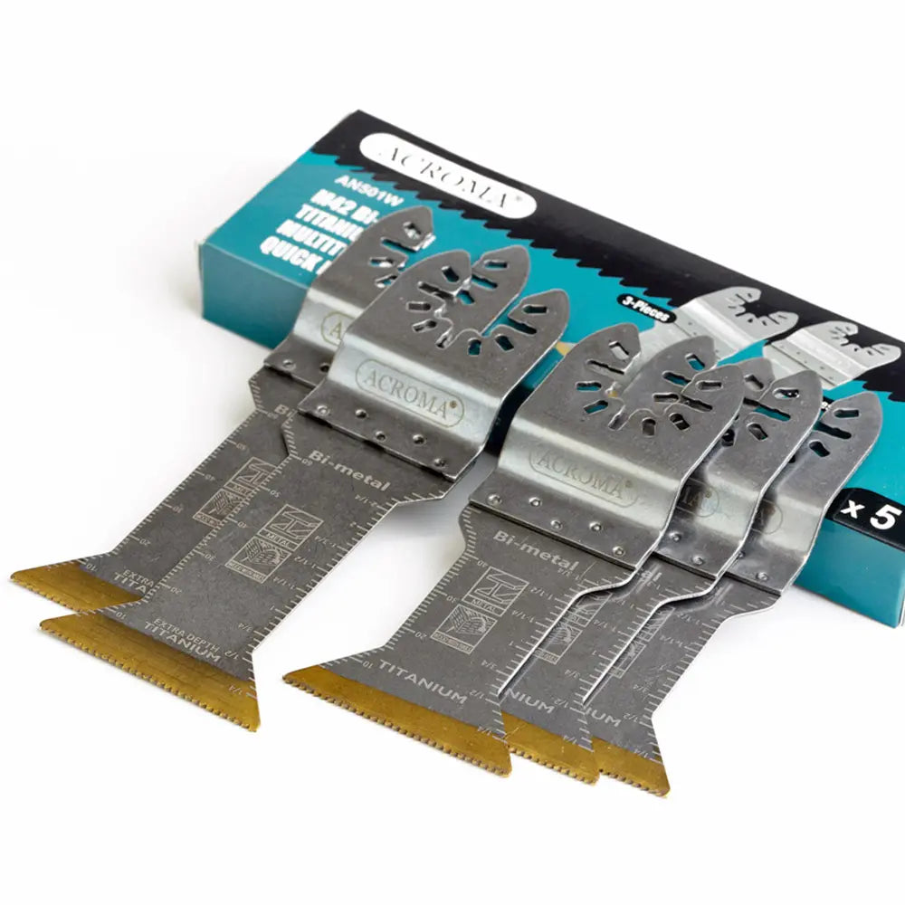 Set of Acuria oscillating tool blades with packaging on a white background