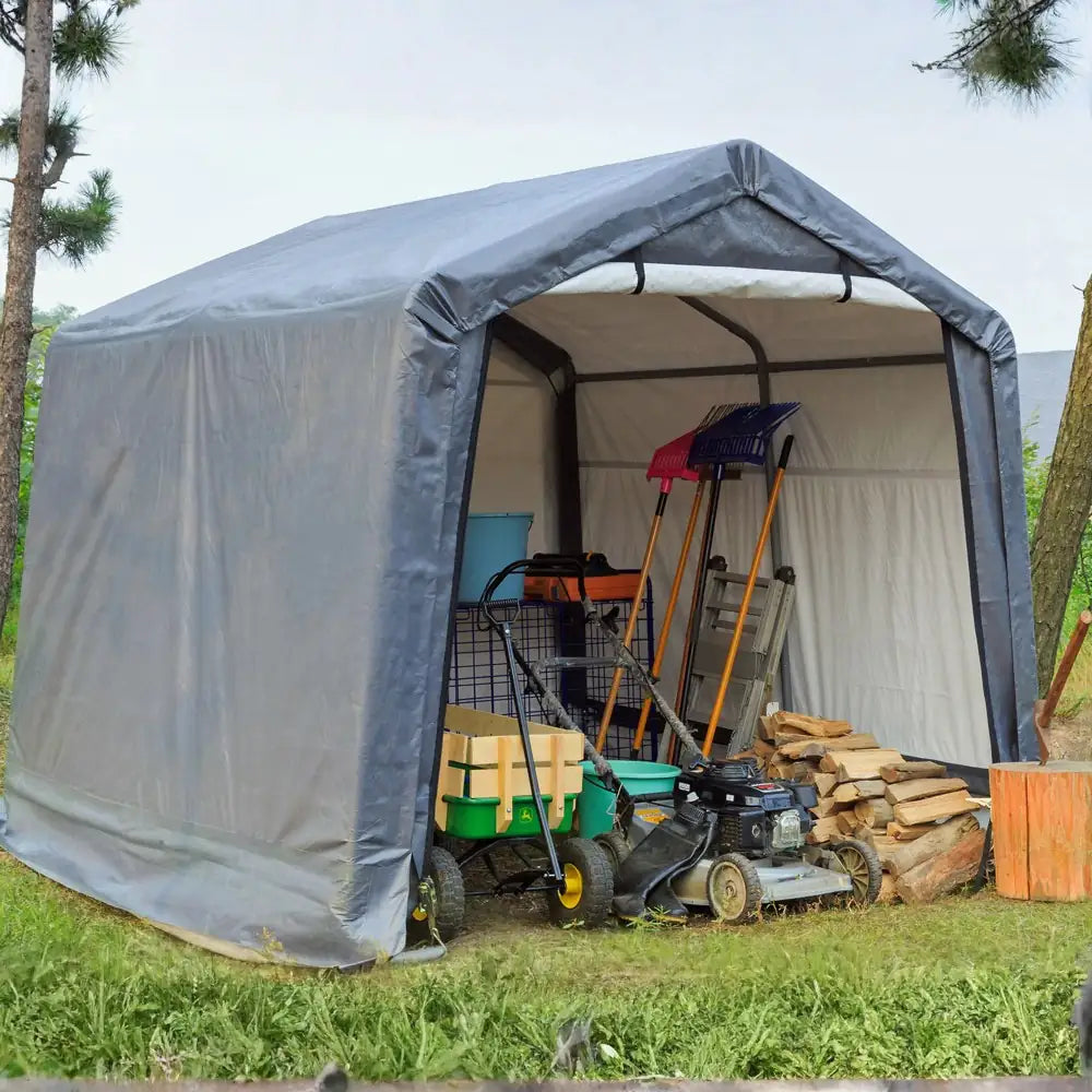 HomeDude 8x8-ft Ourdoor storage shelter, 195g/m2 3-Layer Tarpaulin, with lawmower, firewood and Garden Tools