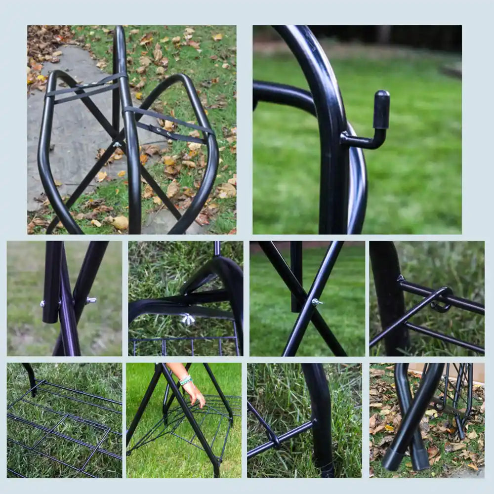 Collage of horse saddle rack with various angles on a grassy background.