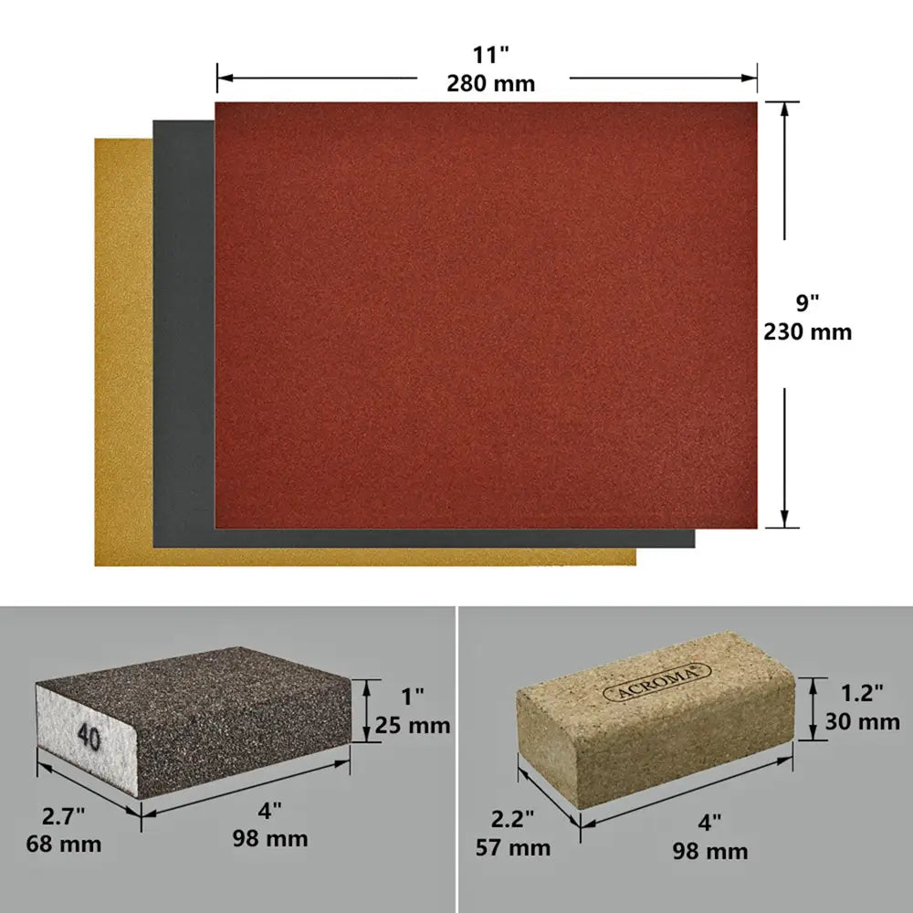 Measurement chart showing dimensions of a red mat, sandpaper, and a cork block.